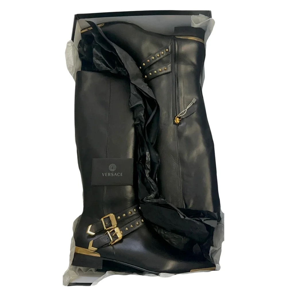 Versace Women's Black Leather Gold Buckle Studded Tall Boots 39.5 Made in‎ Italy